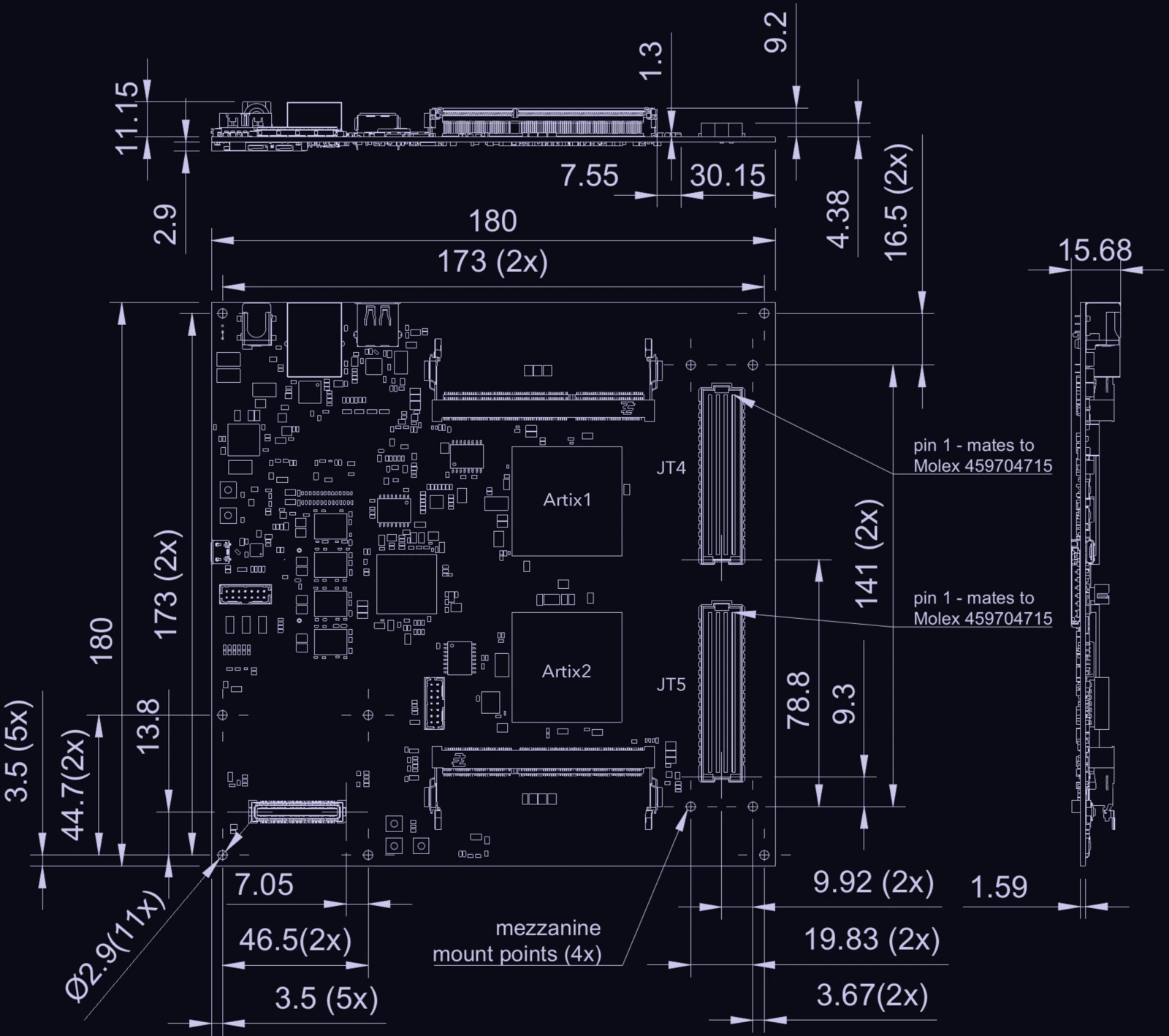 Mechanical drawing of the Gemini Stimdeck with dimensions