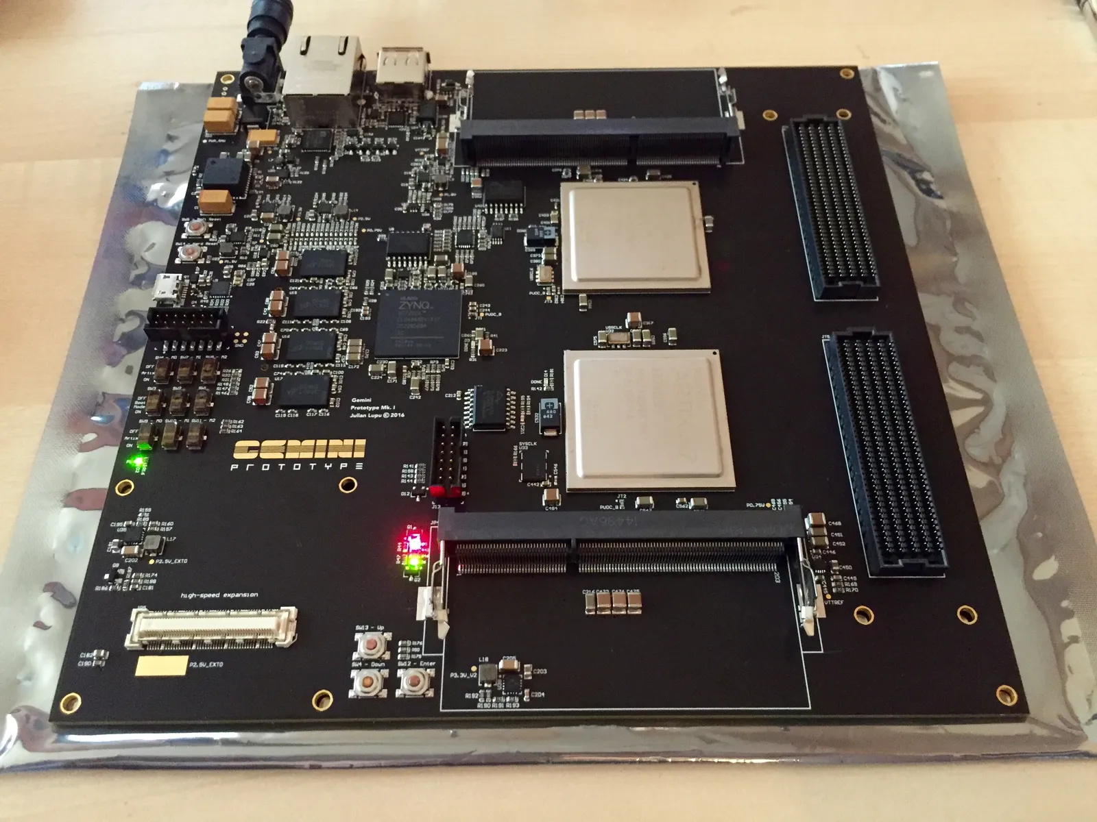The assembled board powered on for the first time